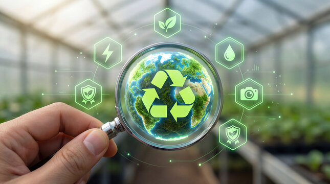 Magnifying glass examining Earth with recycling symbol and sustainability icons inside a greenhouse