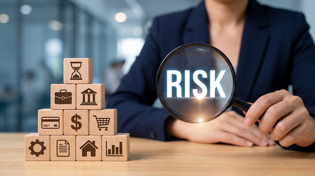 Business professional analyzing risk through magnifying glass with financial and business concept blocks