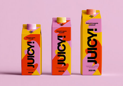 Three Juice Cartons Product Packaging Mockup Template Set
