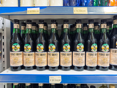 Argentina, El Chalten, March 05, 2026, Fernet-Branca, glass bottle, 0,75 l, bottles of Italian herbal liqueur on a supermarket shelf