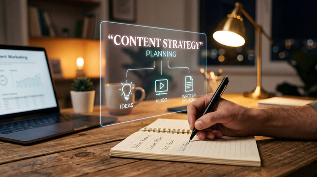 Content strategy planning with digital marketing interface and hand writing notes at desk