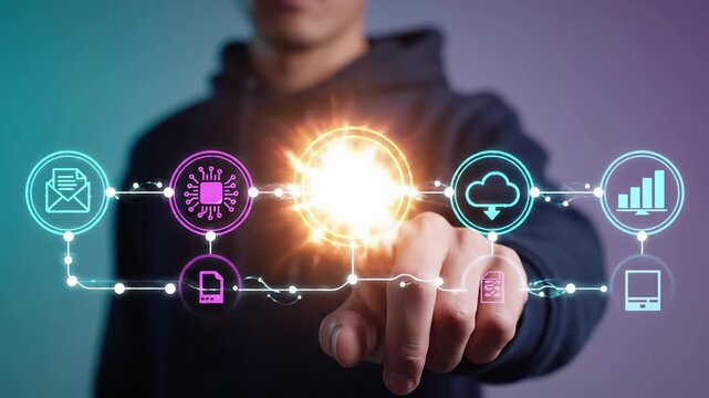 Developer touching cloud computing network with digital icons for data transfer email chip storage and analytics. Technology ecosystem and connected infrastructure for smart management and system