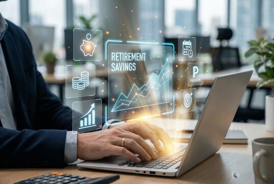 Retirement planning and pension fund investment concept on laptop with growth charts