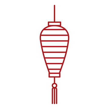 Red Chinese lantern line icon. Long traditional hanging paper lamp for Lunar New Year or Mid Autumn Festival, isolated on white background. Vector illustration