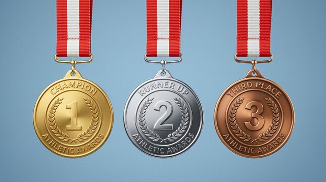 Three gold, silver, and bronze medals for athletic awards hang from red and white striped ribbons against a blue background.
