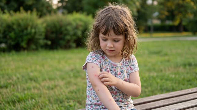 Young girl sits on a wooden bench in a park while examining red insect bites or a skin rash on her arm.