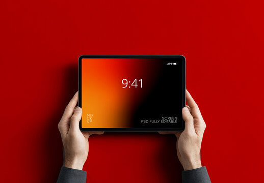 Tablet Screen Mockup Template Held with Both Hands Top View