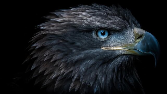 Close up of a majestic eagle head with piercing blue eyes against black