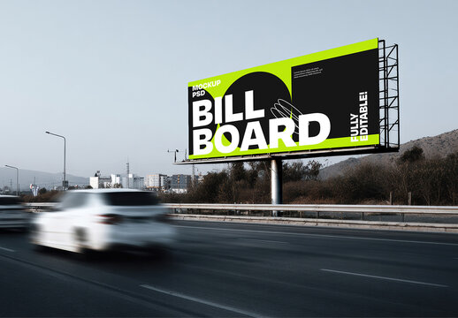 Roadside Highway Billboard Mockup Template with Motion Blur Cars