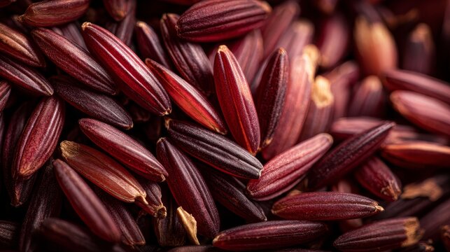 Macro close-up of red rice grains, showing their natural reddish color due to anthocyanin content. Healthy eco-friendly food from organic farming.