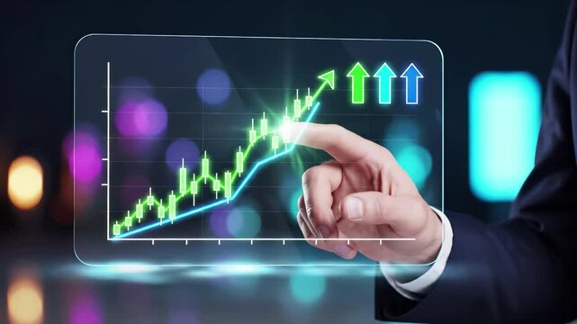 Businessman touching digital candlestick market chart with upward arrows and bullish growth trend. Financial trading analytics and investment performance data for profit and economic strategy
