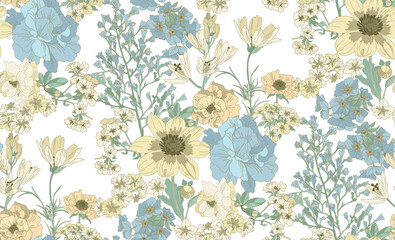 Flowers and leaves in vintage style, seamless pattern.   © Lana