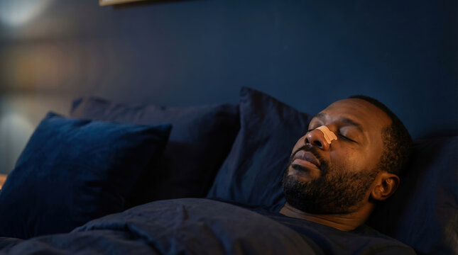 African american man sleeping in bed with nasal strip applied on nose to reduce snoring. Treatment for sleep apnea and improved night breathing. Healthcare solution for restful sleep.