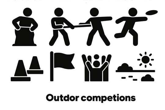 Outdoor Competition Icons. Outdoor Competitions silhouette set: sack race, tug of war, frisbee, jump rope, cones, banner flag, cheering team, open field
