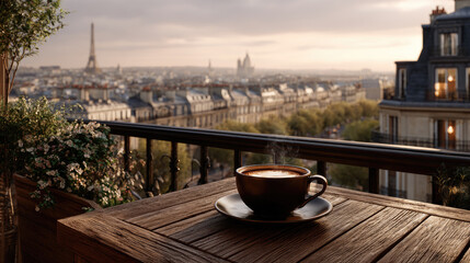 Obraz premium Morning coffee on a Parisian balcony overlooking the city skyline at sunrise, enjoying a relaxing European travel experience and tranquil urban breakfast moment