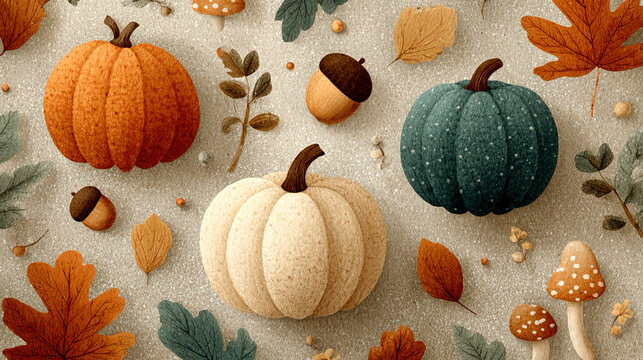 Whimsical fall-themed wallpaper featuring watercolor pumpkins, colorful falling leaves, acorns, and tiny mushrooms creating a cozy cute autumn pattern for digital use.