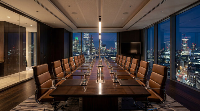 Empty Luxury Corporate Boardroom with Long Conference Table and City View at Night