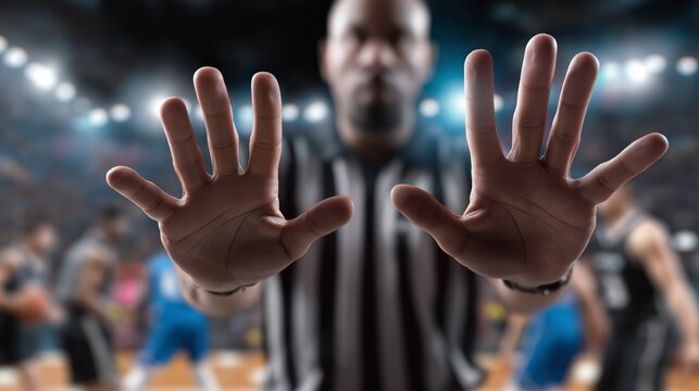 Referee signals during basketball game at arena with players in motion and fans watching in the background