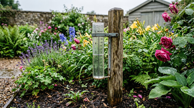 garden rain gauge displaying rainfall measurement in a vibrant floral setting with colorful flowers and greenery