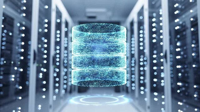 Digital database cylinder floating in modern server room datacenter corridor. Cloud storage and big data infrastructure with glowing particle effects for enterprise computing and network technology