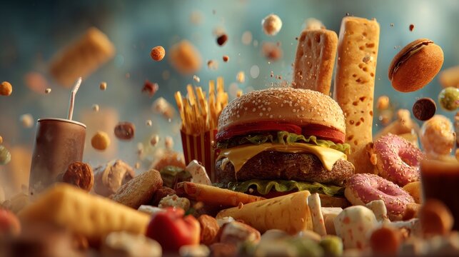 Fast food, quick-service meals such as burgers, fries, sandwiches, and other ready-to-eat dishes.