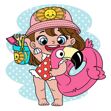 Cute cartoon girl in a swimsuit holding a swimming ring a flamingo on white background