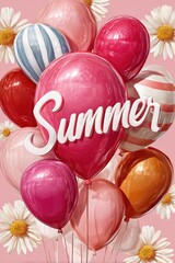 Fototapeta premium Summer balloons and pink mylar party decorations with daisies for cheerful seasonal celebration