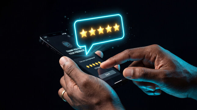 Hands Holding Smartphone with Glowing Five Star Rating Neon Speech Bubble
