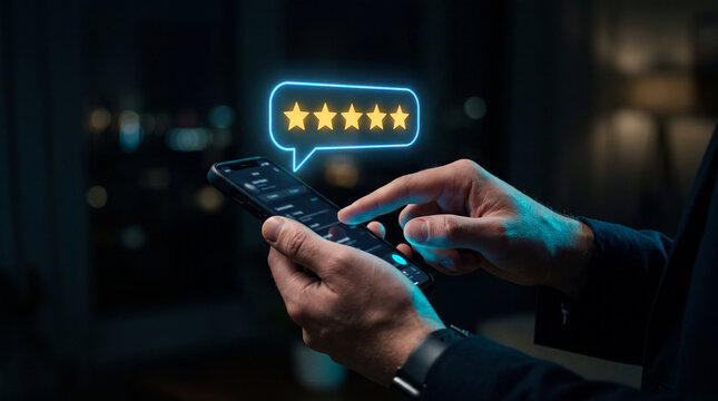 Hands Holding Smartphone with Glowing Five Star Rating Neon Speech Bubble
