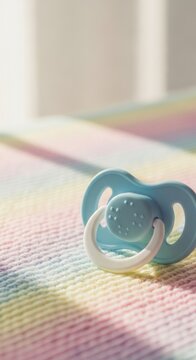Blue Pacifier on Pastel Striped Blanket with Copy Space