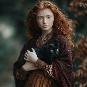 Young red haired woman holding black cat outdoors