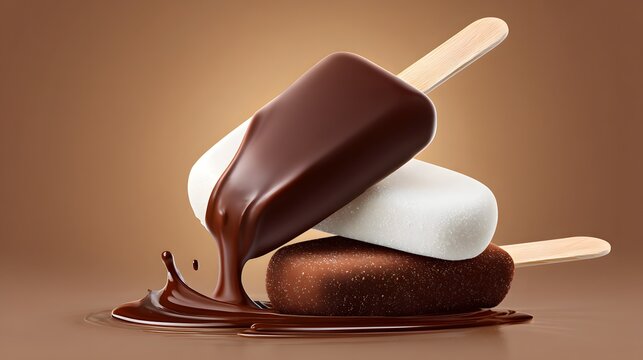 Three chocolate-covered ice cream sticks with melting sauce