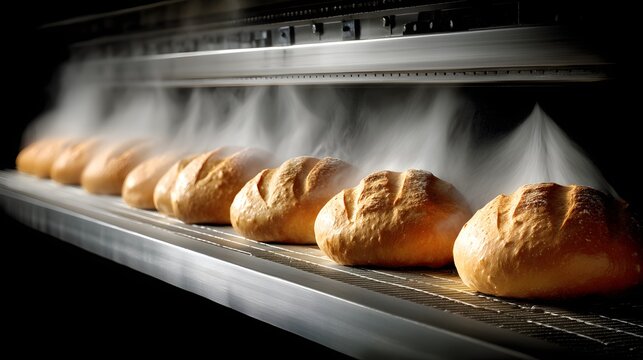 Rows of warm bread rolls emit steam in industrial oven