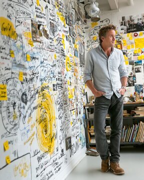Professional setting with a whiteboard full of campaign ideas, target demographics, goals