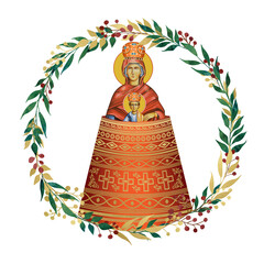 Fototapeta premium Addition of the Mind. The Blessed Virgin Mary and Jesus Christ. Decorative vintage floral wreath, illustration in Byzantine style isolated