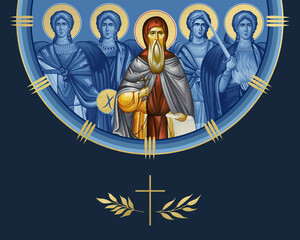Fototapeta premium Saint Joanikije of Devic and four cardinal points (Archangel Gabriel, Uriel, Raphael and Michael). Illustration in Byzantine style isolated
