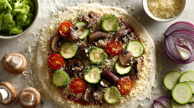Raw pizza base covered in colorful veggies and mushrooms