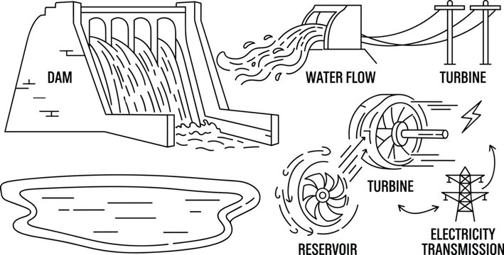 Hydroelectric Power Generation Icon Set Featuring Dam, Turbine, Water Flow, Reservoir, and Electricity Transmission for Energy and Environmental Graphic Designs