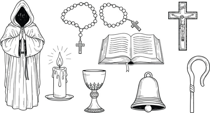 Religious Icon Set Featuring Cross, Bible, Rosary, Candle, Chalice, Bell, and Shepherd&rsquo;s Crook for Faith, Worship, and Spiritual Graphic Designs