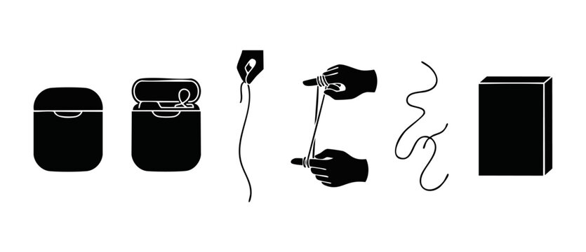 Dental floss icon set, oral hygiene instructions, cleaning teeth process and box packaging, vector flat illustration for medical or dentist dental care guide design isolated on white background.