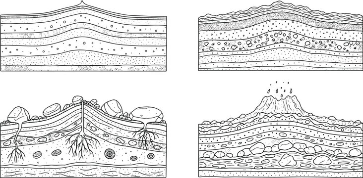 Geological Layers Icon Set Featuring Earth Strata, Soil, Rocks, and Volcanic Layers for Science, Geography, and Earth Study Designs