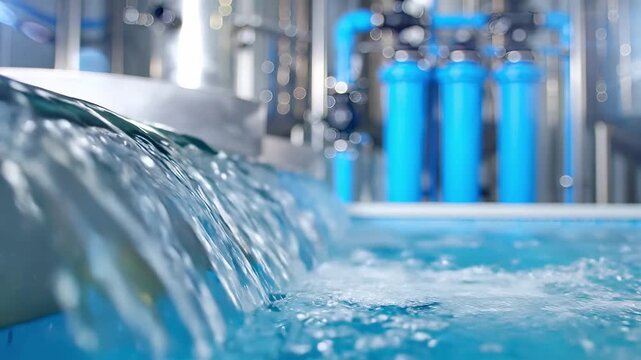 Industrial water treatment and purification plant with filtration systems and flowing clean. Processing facility infrastructure for supply and sanitation management