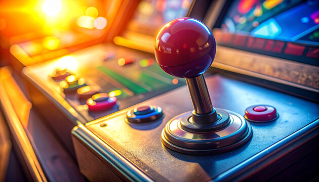 Close up of a classic arcade machine with joystick and buttons in warm light
