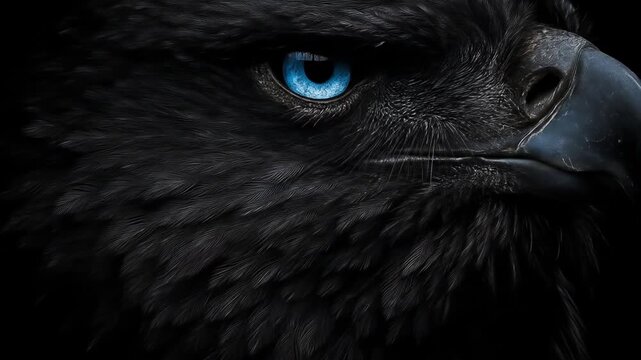 Close up of a dark bird of prey with striking blue eye against a black background
