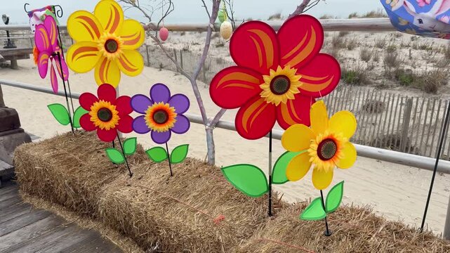 Group of flower design pinwheels inserted into straw twirling on a windy day on the boardwalk by the beach