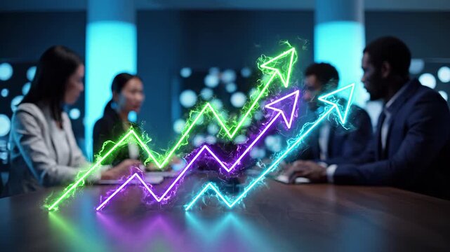 Business team at conference table with glowing neon growth arrows and market trend charts rising upward. Corporate financial performance and investment revenue strategy meeting