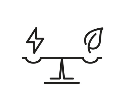Lightning bolt outweighing leaf on balance scale for sustainable energy icon