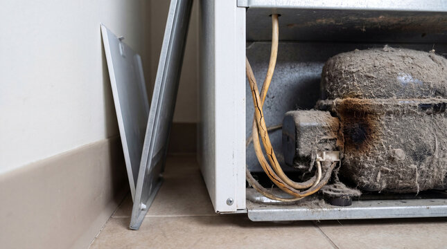 Dirty refrigerator compressor with cracked electrical wires behind appliance. Fire hazard due to lack of maintenance and dust accumulation. Household safety and home appliance inspection.