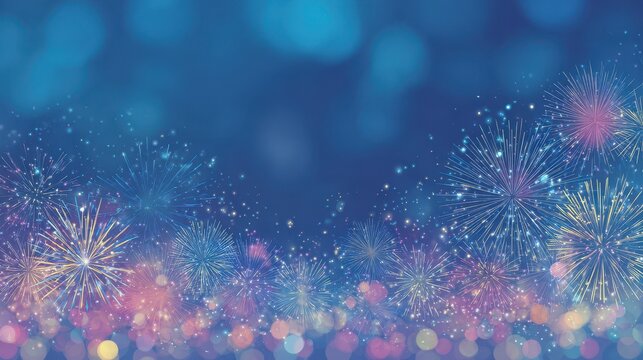 New Year Fireworks Header on Blue Night Sky with Stars and Text Space