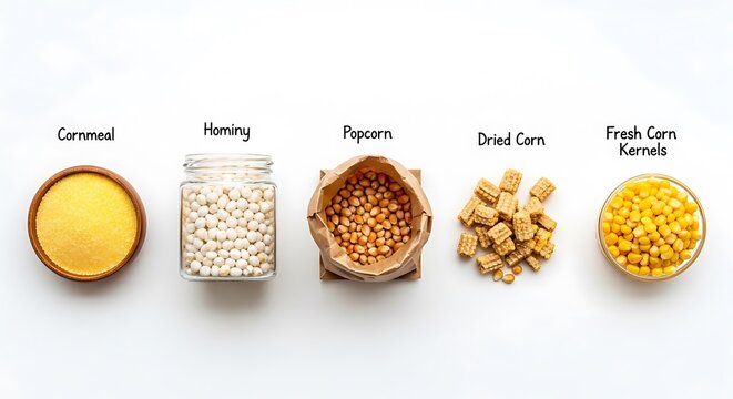A variety of corn products including cornmeal, hominy, popcorn, dried corn, and fresh corn kernels arranged on a white surface